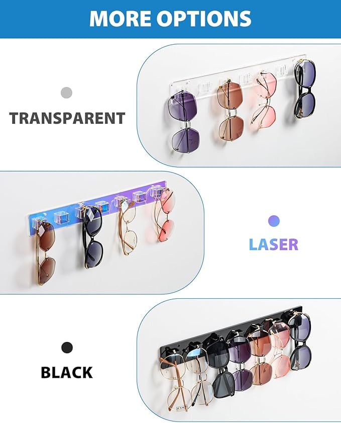 Sunglasses Holder Organizer, 2 Pack Acrylic Sunglasses Organizer Wall Mounted Eyeglasses Display Holder Eyewear Glasses Hanging Rack for Entryway Living Room Bedroom(transparent)
