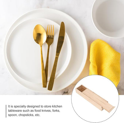 SHOWERORO Bamboo Knife and Fork Storage Box with Sliding Lid Rectangular Flatware Organizer for Travel and Kitchen Drawer Compact 9.65X2.48X1.5 Inch Utensil Case