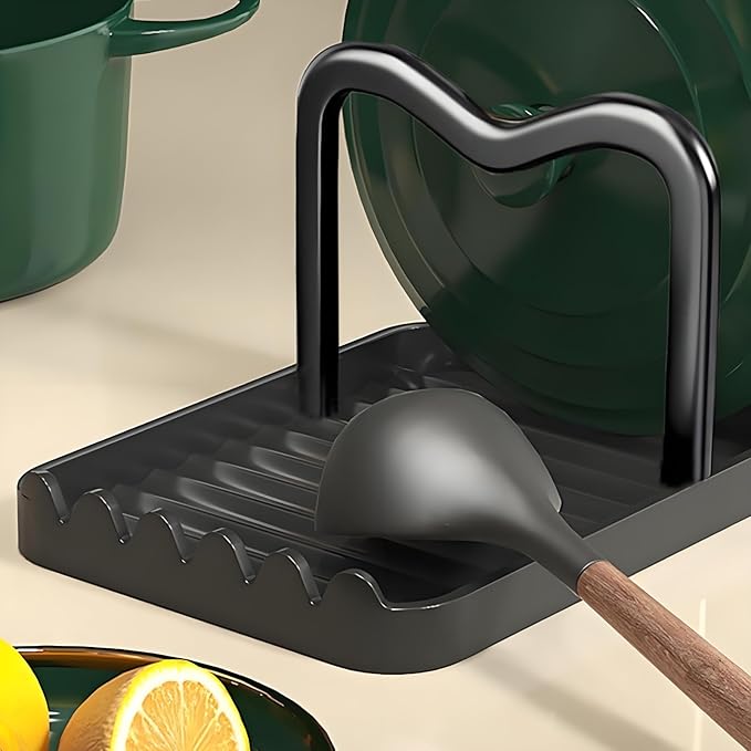 Spoon Rest with Lid Holder, Stainless Steel Lid Holder While Cooking & Organizer with Detachable Drain Tray, Anti-Rust Countertop Space Saver for Spoons, Spatulas (Black)