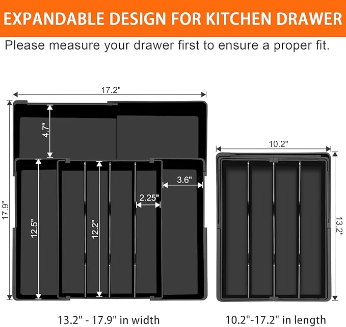Spaclear Large Kitchen Silverware Organizer - Expandable 17.2" x 17.9" Adjustable Drawer Tray, 4-7 Compartments for Maximum Storage, BPA-Free, Black,L