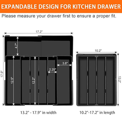 Spaclear Large Kitchen Silverware Organizer - Expandable 17.2" x 17.9" Adjustable Drawer Tray, 4-7 Compartments for Maximum Storage, BPA-Free, Black,L