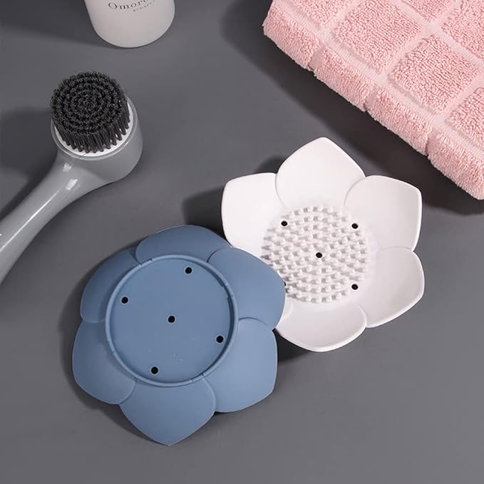 Silicone Soap Dishes with Draining. Bathroom Bar Soap Holder for Shower. Soap Tray for Kitchen Sink. Flower Shape Soap Saver for Counter, Bathtub. (4 Pack, White,Grey,Pink,Blue)