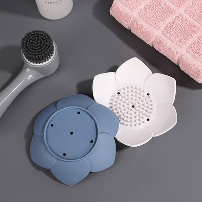 Silicone Soap Dishes with Draining. Bathroom Bar Soap Holder for Shower. Soap Tray for Kitchen Sink. Flower Shape Soap Saver for Counter, Bathtub. (4 Pack, White,Grey,Pink,Blue)