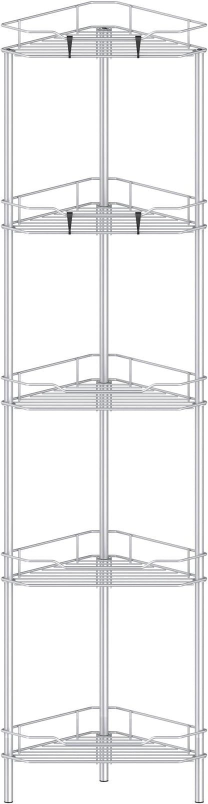 HuggieGems 5 Tier Floor Standing Corner Shower Caddy Organizer Shelf with Hooks, Bathroom Shelves Stand Rack, Silver