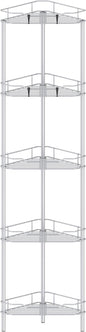HuggieGems 5 Tier Floor Standing Corner Shower Caddy Organizer Shelf with Hooks, Bathroom Shelves Stand Rack, Silver