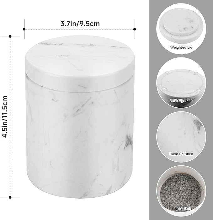 Natural Marble Canister, Cotton Swab Holder with Lid, High Capacity Bathroom Qtip Holder Storage for Cotton Swab, Floss Picks, Makeup Pad, Bath Salt, Jazz White(NS020)