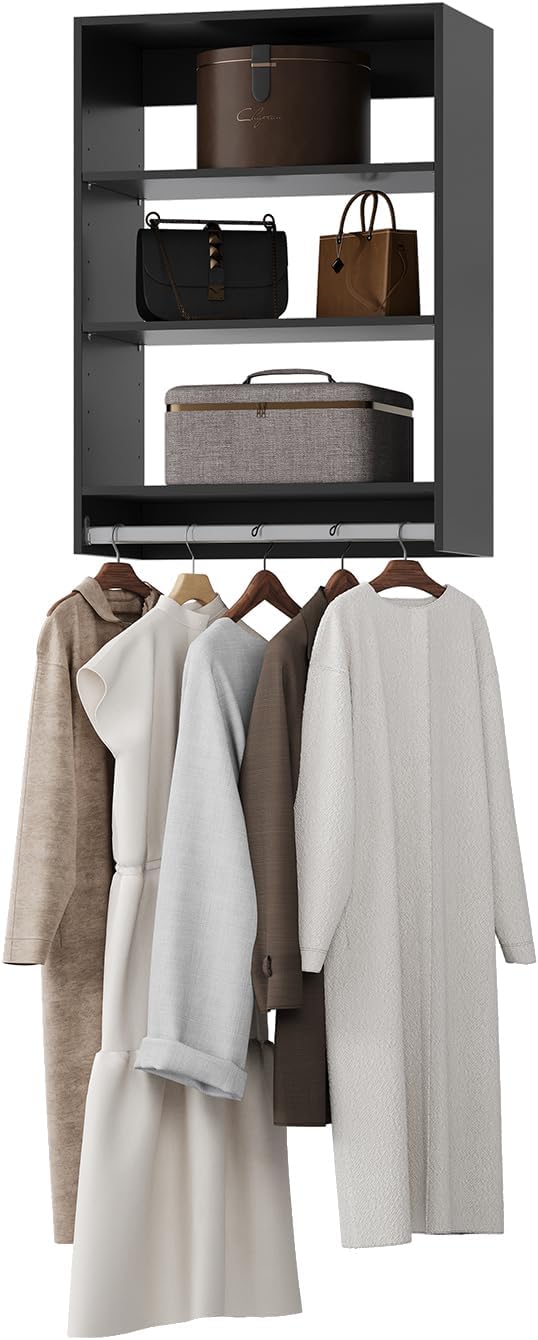 Medium Double Hanging Closet Unit, Modular Closet System, Wood Closet System Organizer with Storage for Walk in Closets, Clothing Rack Closet for Hanging Clothes, Bedroom,Black, 31.5" W