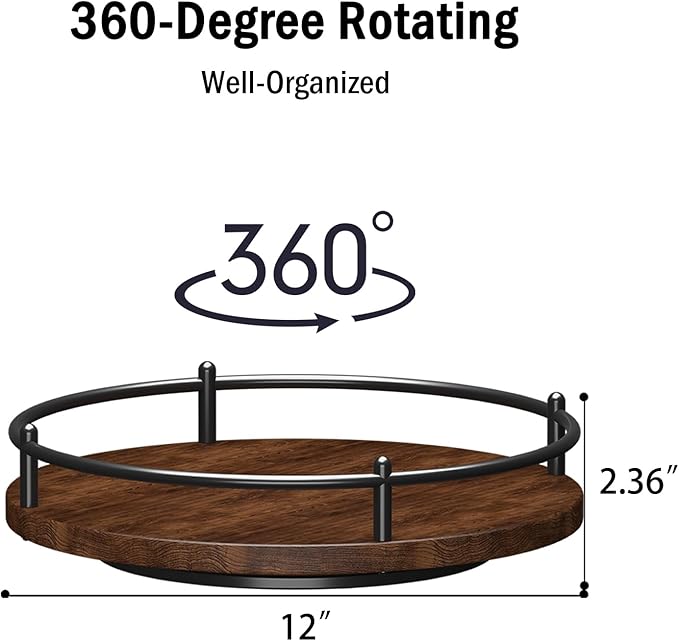Lazy Susan Organizer：12 Inch 360 Degree Rotating Spice Rack for Kitchen Countertop Round Lazy Susan Wood Turntable Holder for Cabinet Table– Black