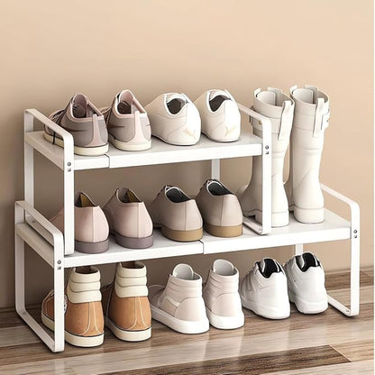 Expandable 1-Tier Metal Shoe Rack (H:7"), Adjustable Width 14.9"–23.6", Heavy-Duty Free-Standing Shoe Shelf for Closet, Entryway & Small Spaces – Single Pack
