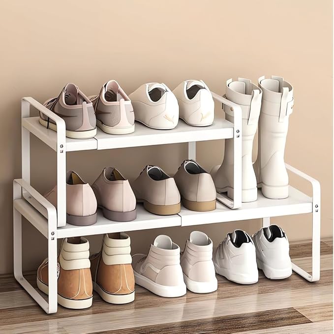Expandable 1-Tier Metal Shoe Rack (H:7"), Adjustable Width 14.9"-23.6", Heavy-Duty Stackable Free-Standing Shoe Shelf for Closet & Entryway – 2-Pack Set