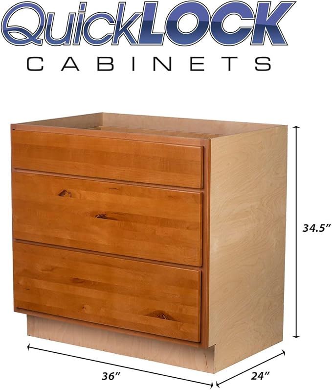 Quicklock RTA (Ready-to-Assemble) | Base Kitchen Cabinets - Shaker Style | Made in America (Provincial Stain, 36" Wx34.5 Hx24 D 3 Drawer)