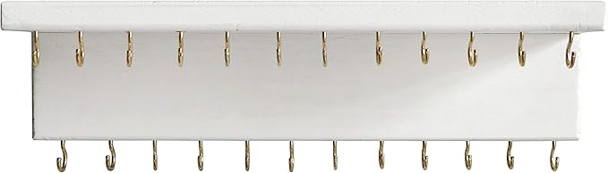 SANY DAYO HOME Jewelry Organizer with 24 Hooks and Cosmetics Shelf, 12 x 3 x 4 inches Wall Mounted Rustic Pine Wood Holder for Necklaces and Bracelets, Suitable for Kids and Adults (Retro White)