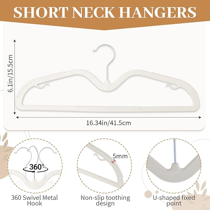 LemonRoad 50 Pack Short Neck Hangers, Upgraded Non-Slip Plastic Hangers Lifts Clothes 3" Higher, Space Saving 360 Swivel Hook for Closet Organizer, Shirts Jackets Dresses, Smooth (Beige)