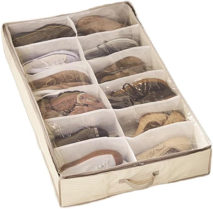 Fabric Shoe Storage Bins 12 Pairs Shoe Organizer Under Bed Sturdy Underbed Shoe Storage Boxes Bins Organizador Storage Household Shoe Bag (Beige)