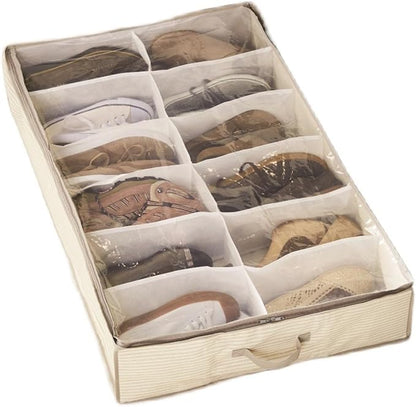 Fabric Shoe Storage Bins 12 Pairs Shoe Organizer Under Bed Sturdy Underbed Shoe Storage Boxes Bins Organizador Storage Household Shoe Bag (Beige)