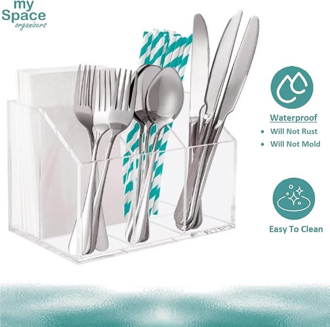 My Space Organizers Utensil Holder Silverware Caddy Countertop Cutlery Organizer For Napkins Flatware Spoon Fork Knife Plastic Acrylic