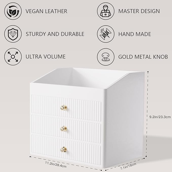 LADSTAG Vanity Organizers,Luxury Skincare Organizer with 3 Tier Drawers,Beige White Large Capacity Cosmetic Organizer Countertop for Makeup Brush,Dresser,Bedroom,Bathroom,Mom Gifts,Mom Birthday Gifts