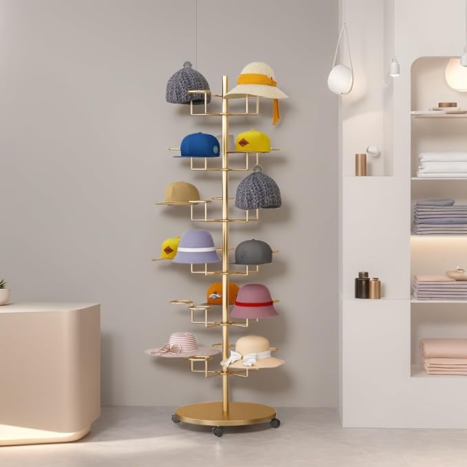 6 Tier Baseball Hat Organizer, Standing Hat Rack Stand, Cowboy Hat with 30 Hooks, Floor Hat Display for Home Store Vendors(Gold,6 Tier)