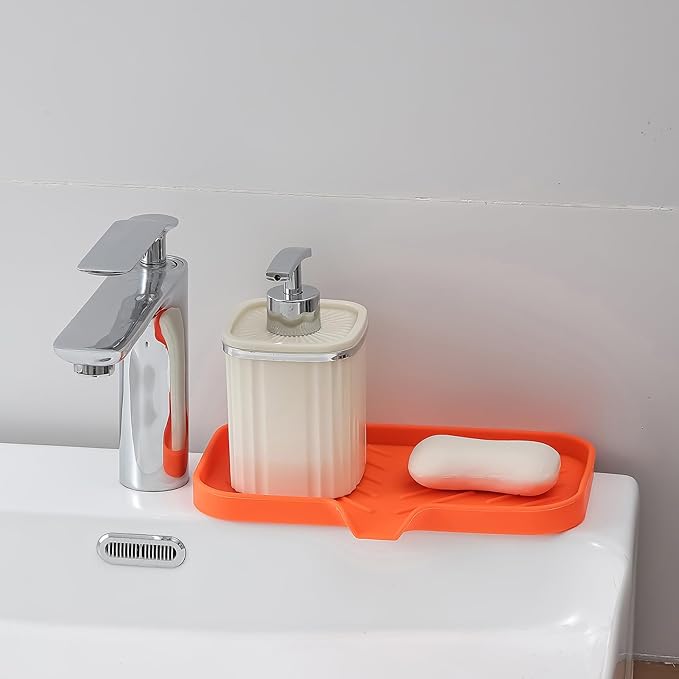 MicoYang Silicone Bathroom Soap Dishes with Drain Spout-Bathroom and Kitchen Sink Organizer,Sponge Holder,Dish Soap Tray,Perfect for Dispenser,Scrubber,Bottle,Cup on Sink or Counter-Orange 9.6"×5.3"