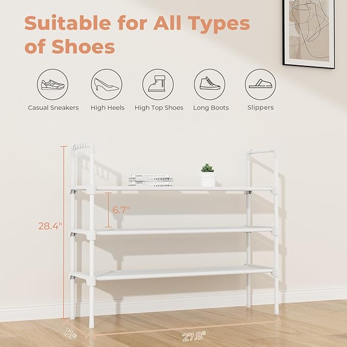 LANTEFUL 3 Tier Shoe Rack for Closet, Shoe Organizer with 5 Hooks, Long Shoe Shelf Storage for Shoe and Boot Stackable Free Standing Shoe Rack for Entryway, Garage, Small Spaces, Dorm, White