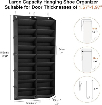 LANTEFUL Over the Door Shoe Organizer, Hanging Shoe Rack for Closet Door Shoe Storage for 30 Pairs Sneaker and Boots, Large Shoe Holder for Door with 10 Side Pockets, Space Saving, Black