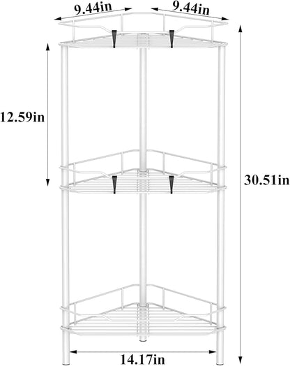 HuggieGems 3 Tier Floor Standing Corner Shower Caddy Organizer Shelf with Hooks, Bathroom Shelves Stand Rack, White