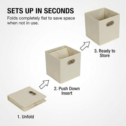 Fabric Storage Bins 6 Piece Set, Strong Poly-Woven Fabric, Sturdy Chipboard Sides, Grommet Front Handle, Stackable and Foldable, Classic Design, Cream