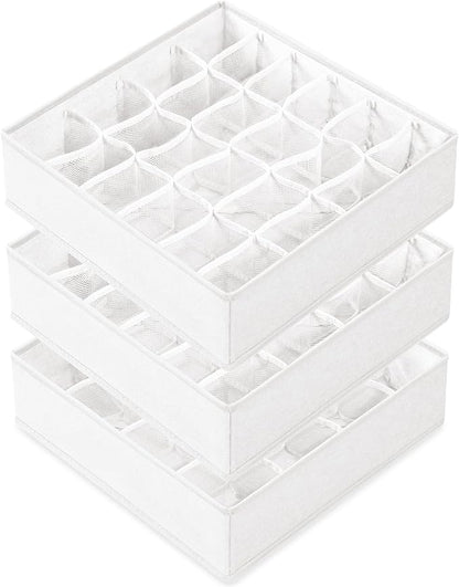 Criusia 3 Pack Sock Underwear Drawer Organizer Dividers, 64 Cell Fabric Foldable Cabinet Closet Organizers and Storage Boxes for Storing Socks, Panties, Ties (16+24+24 Cell, White)