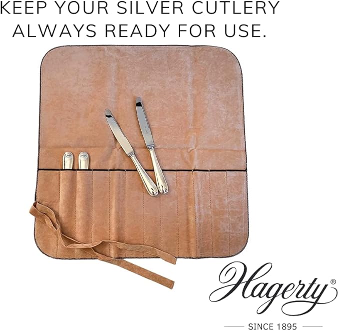 Hagerty Silver Guard Cutlery Roll - 43.5 x 45 cm, Tan, 12 Compartments, Anti-Tarnish Fabric, Silver Cutlery Storage, Kitchen Storage, Silverware Preservation