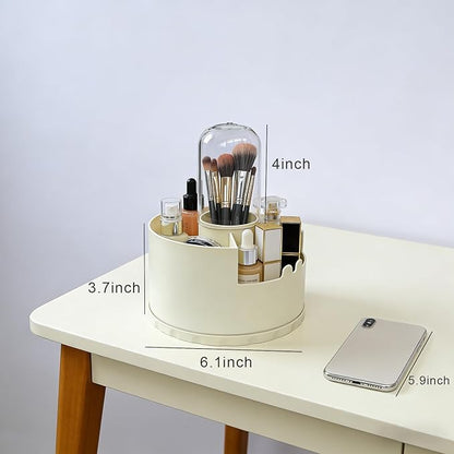360 Rotating Makeup Organizer, Covered Makeup Brush Holder for Vanity, Make Up Brush Storage Box with Lid, Clear Dustproof Beauty Brushes Holder