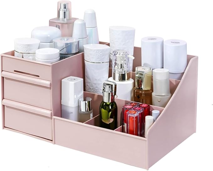 Makeup Organizer for Vanity— Bathroom Countertop Cosmetics Organizer with Drawers for Lipstick, Brushes, Lotions, Eyeshadow, Nail Polish and Jewelry (Pink)