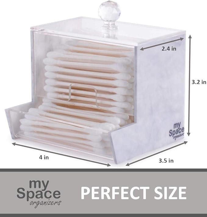 My Space Organizers Marble Acrylic Qtip Holder for Qtip Brand Cotton Swab Holder, Qtip Dispenser, Modern Bathroom Decor Organizer for Countertop Vanity Storage (White Marble)