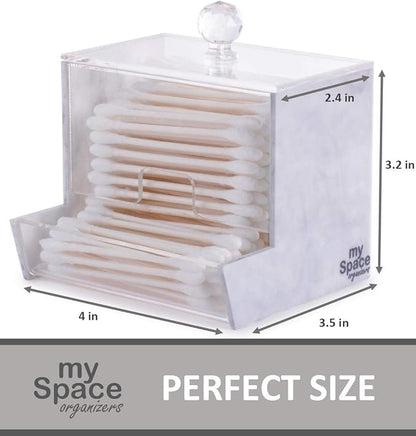 My Space Organizers Marble Acrylic Qtip Holder for Qtip Brand Cotton Swab Holder, Qtip Dispenser, Modern Bathroom Decor Organizer for Countertop Vanity Storage (White Marble)