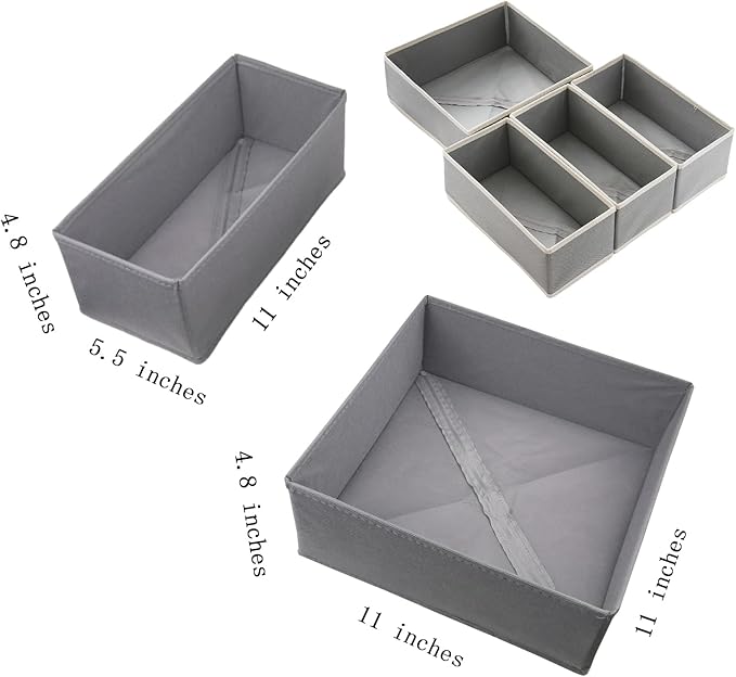 Bructhun Drawer Organizer Set of 4 Light Grey - Fabric Storage Bins for Clothes, Underwear, Socks & Bras - 11" Dresser Dividers for Bedroom Closet