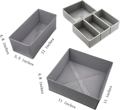 Bructhun Drawer Organizer Set of 4 Light Grey - Fabric Storage Bins for Clothes, Underwear, Socks & Bras - 11" Dresser Dividers for Bedroom Closet