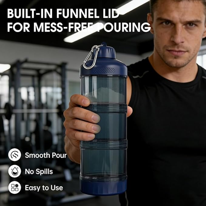 BYLWORKOUT 3-Layer Protein Powder Travel Container with Funnel and Keychain | Portable Food Storage Organizer for Gym, Fitness, Kitchen, Camping, Hiking, and Travel (Ink Blue)