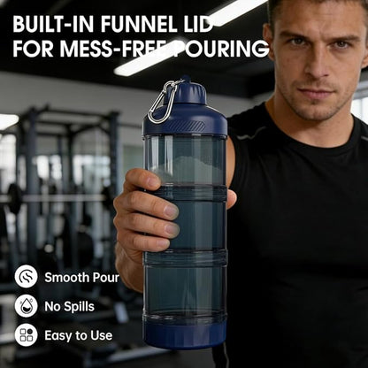 BYLWORKOUT 3-Layer Protein Powder Travel Container with Funnel and Keychain | Portable Food Storage Organizer for Gym, Fitness, Kitchen, Camping, Hiking, and Travel (Ink Blue)