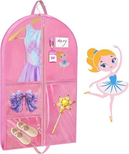 Hanging Dance Garment Bag, 40 Inch Waterproof Costumes Bag for Travel, Pink Clothes Bag with 5 Pockets for Dance, Sports, Skating, Beauty Pageants, Theatre (With Cartoon Girl Print)