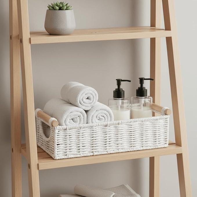 CubesLand Small Wicker Toilet Basket Tray Organizer W/Cut Out Handle, Handwoven Slim Decorative Basket for Countertop, Shelves And for Rustic Home Decor, Living Room, Nursery Organization, Cream