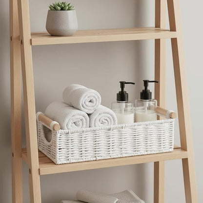 CubesLand Wicker Toilet Storage Basket Tray Organizer W/Cut Out Handle, Slim Decorative Basket for Countertop, Shelves And for Versatile Home Decor, Living Room, Nursery Organization, Cream