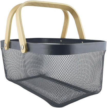 Metal Mesh Basket with Bamboo Handles, 15.7x11x7 inches.Choose from Gray, White, or Black to match your décor, Storage Organizer 40 cm (Grey)