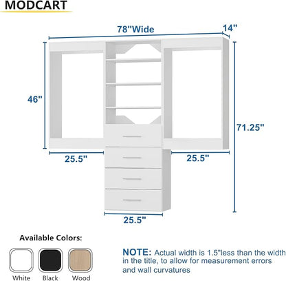 Modular Closet System, 78" Wide Closet Organizer System with Hanging and Drawers, Wood Tower Closet Storage for Walk In Closets, Wall Mounted Wardrobe Organizer Kit System, Bedroom, White