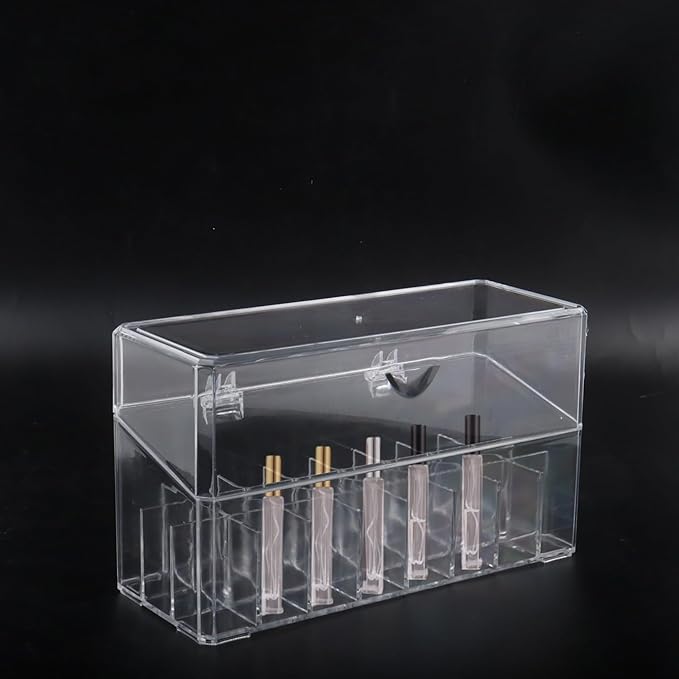 Klmnop Rollerball Perfume Organizer, 24 Grids Clear Acrylic Perfume Organizer Holder with Lid, Container Storage for Mini Perfume, Perfume Sample and Lipstick(Clear)
