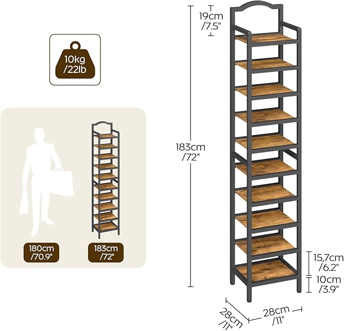 YATINEY 10-Tier Tall Shoe Rack, Vertical Shoe Organizer for Small Spaces, Wooden Shoe Shelf for Entryway, Space Saving Shoe Storage, Holds 10 Pairs of Shoes, Rustic Brown and Black SS50BR