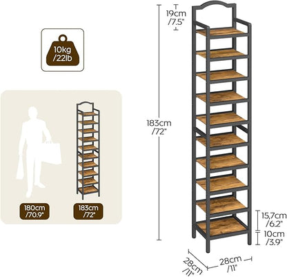 YATINEY 10-Tier Tall Shoe Rack, Vertical Shoe Organizer for Small Spaces, Wooden Shoe Shelf for Entryway, Space Saving Shoe Storage, Holds 10 Pairs of Shoes, Rustic Brown and Black SS50BR