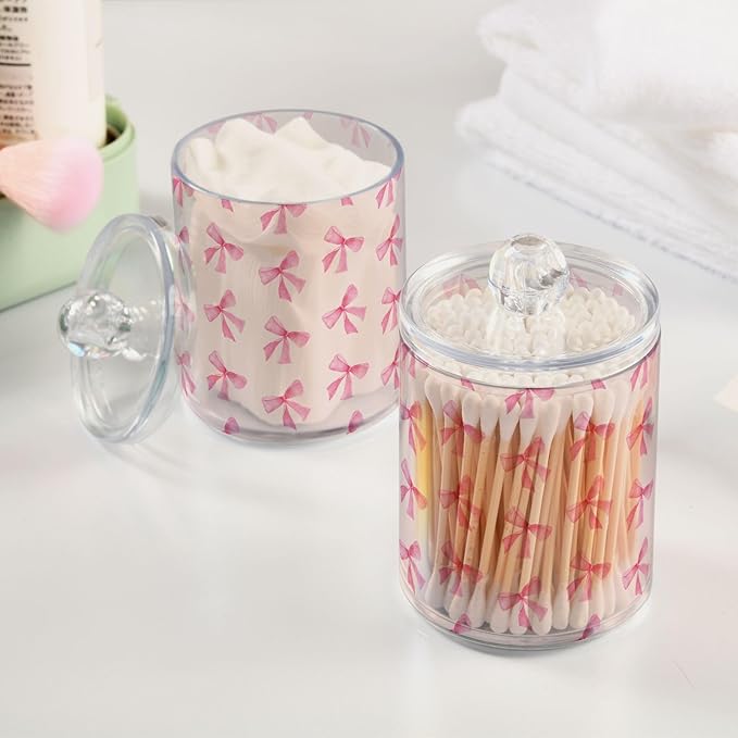 Milk Cow Qtip Holder with Lid 2PCS Apothecary Jars Storage Containers, Clear Plastic Canister for Cotton Swab,Floss Picks, Cosmetics (Pink Bow, one sizex4)
