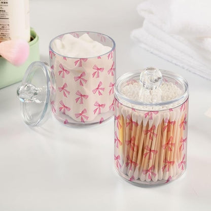 Milk Cow Qtip Holder with Lid 2PCS Apothecary Jars Storage Containers, Clear Plastic Canister for Cotton Swab,Floss Picks, Cosmetics (Pink Bow, one sizex4)