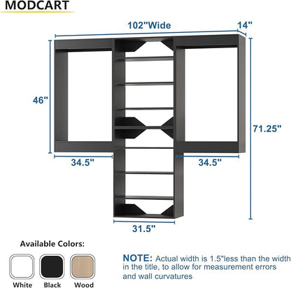 Modular Closet System, 102" Wide Closet Organizer System with Hanging and Towers, Wood Tower Closet Storage for Walk In Closets, Wall Mounted Wardrobe Organizer Kit System, Bedroom,Black