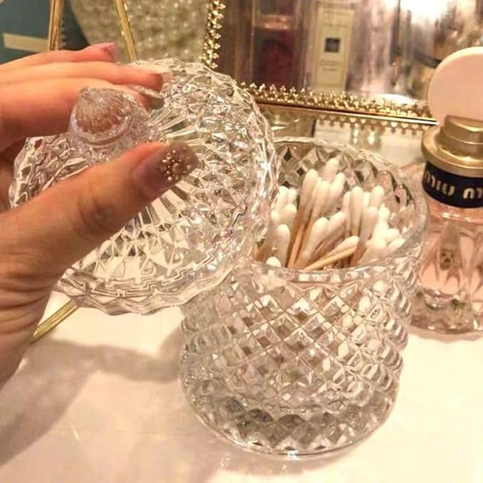Glass Jar Bathroom Storage Organizer Cute Qtip Dispenser Holder Vanity Canister Jar Glass with Lid Clear Cotton Ball Storage for Cotton Swab, Cotton Rounds, Jewelry, Candy