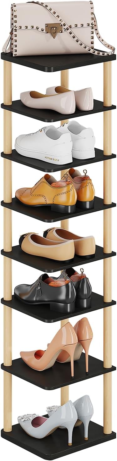 LUCKNOCK Vertical Shoe Rack, 8-Tier Tall Narrow Shoe Organizer for Entryway, Closet, Dorm & Small Spaces, Freestanding Wooden Shoe Shelf Tower for Boots, Sneakers, Heels. (Black)